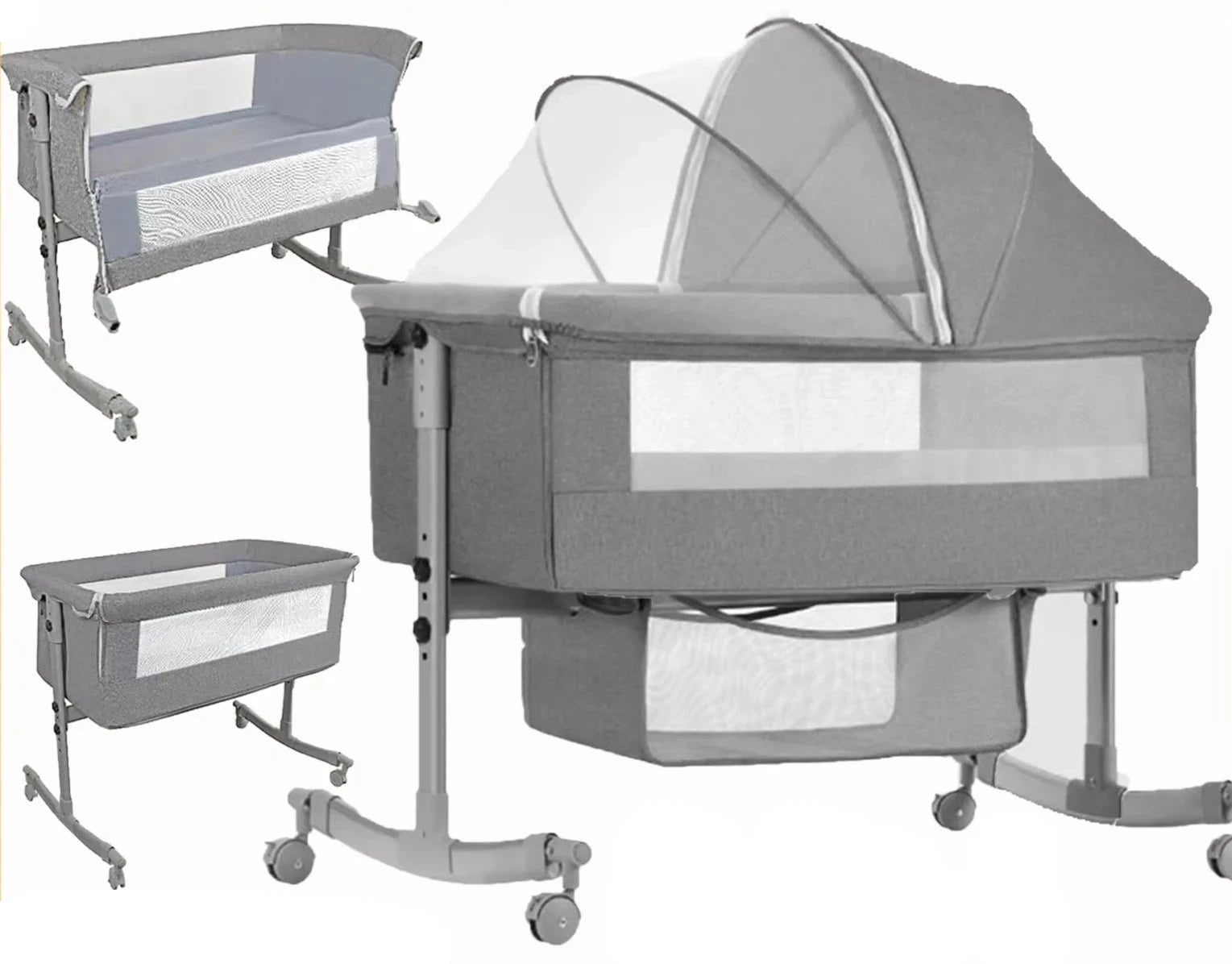 Lit de bébé Berceau cododo 3 en 1 mobile avec matelas, roues silencieuses et moustiquaire